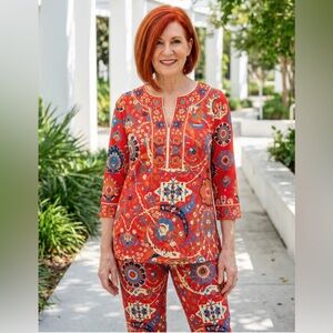 Gretchen Scott Set‎ Jersey Split Neck Tunic Magic Carpet Stretchy Pants Electic